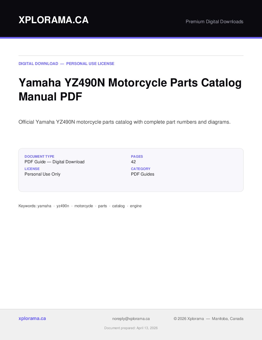 Yamaha YZ490N Parts Catalog Manual - Complete Parts Reference PDF