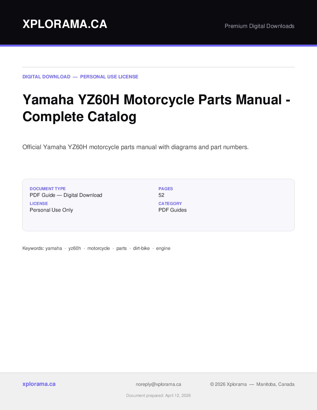 Yamaha YZ60H Parts Manual - Complete Parts Catalog PDF Download