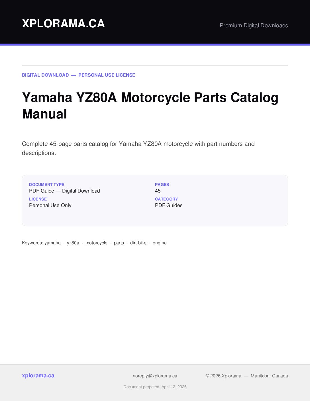 Yamaha YZ80A Parts Catalog Manual PDF - Complete Parts Guide