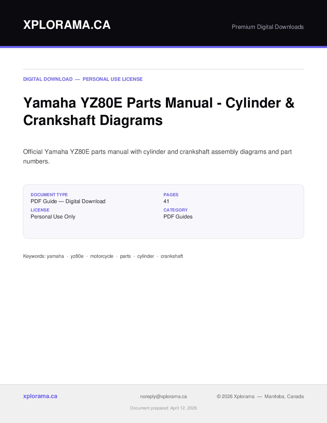 Yamaha YZ80E Parts Diagram Manual - Crankshaft Cylinder PDF