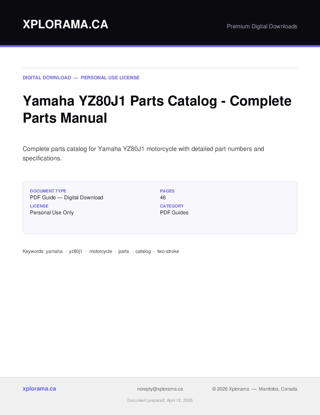 Yamaha YZ80J1 Parts Catalog Manual - Instant PDF Download
