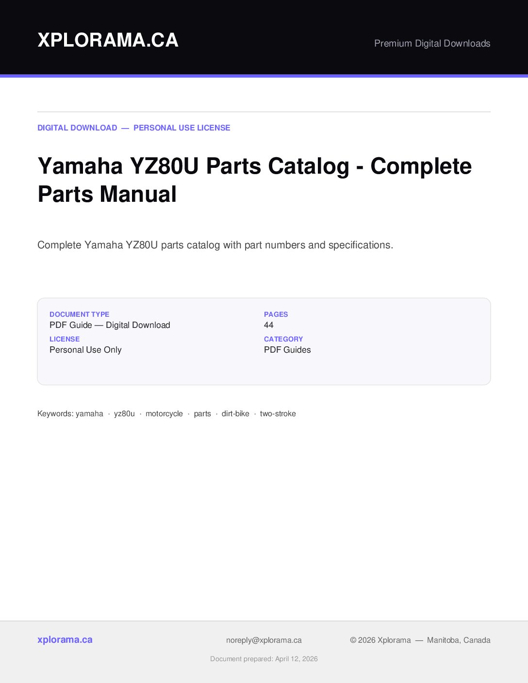 Yamaha YZ80U Parts Catalog Manual - Complete Parts Reference PDF