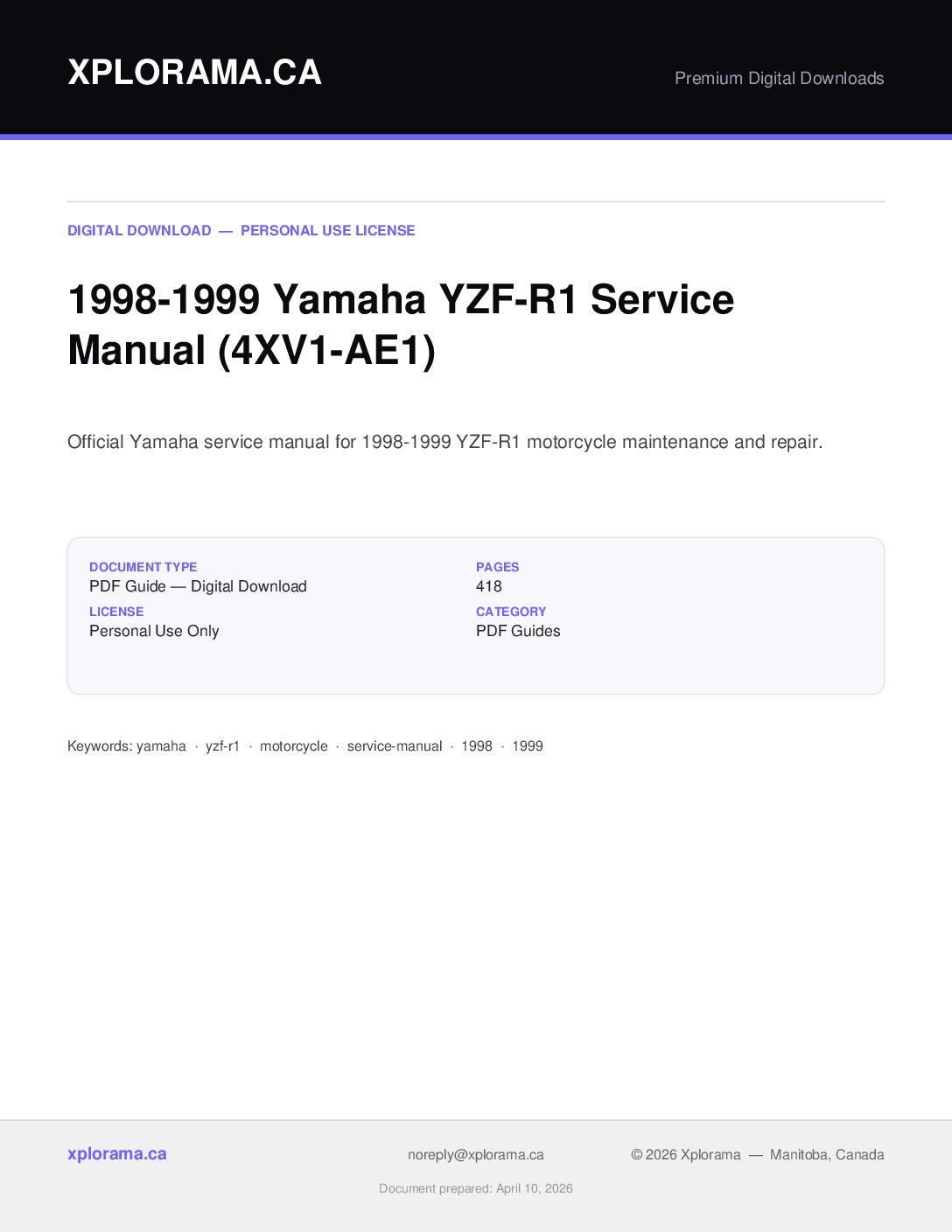 Yamaha YZF-R1 1998-1999 Service Manual PDF Digital Download