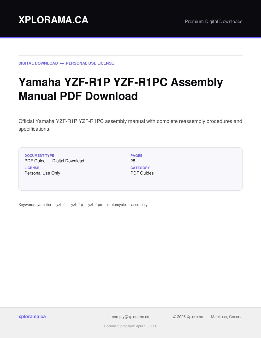 Yamaha YZF-R1 Assembly Manual PDF - Motorcycle Service Guide