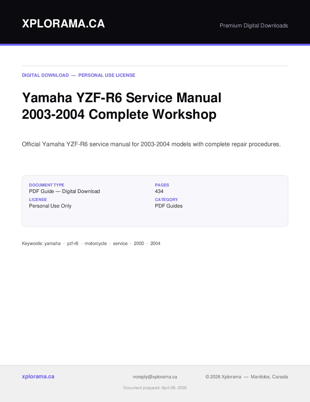 Yamaha YZF-R6 Service Manual 2003-2004 PDF Digital Download