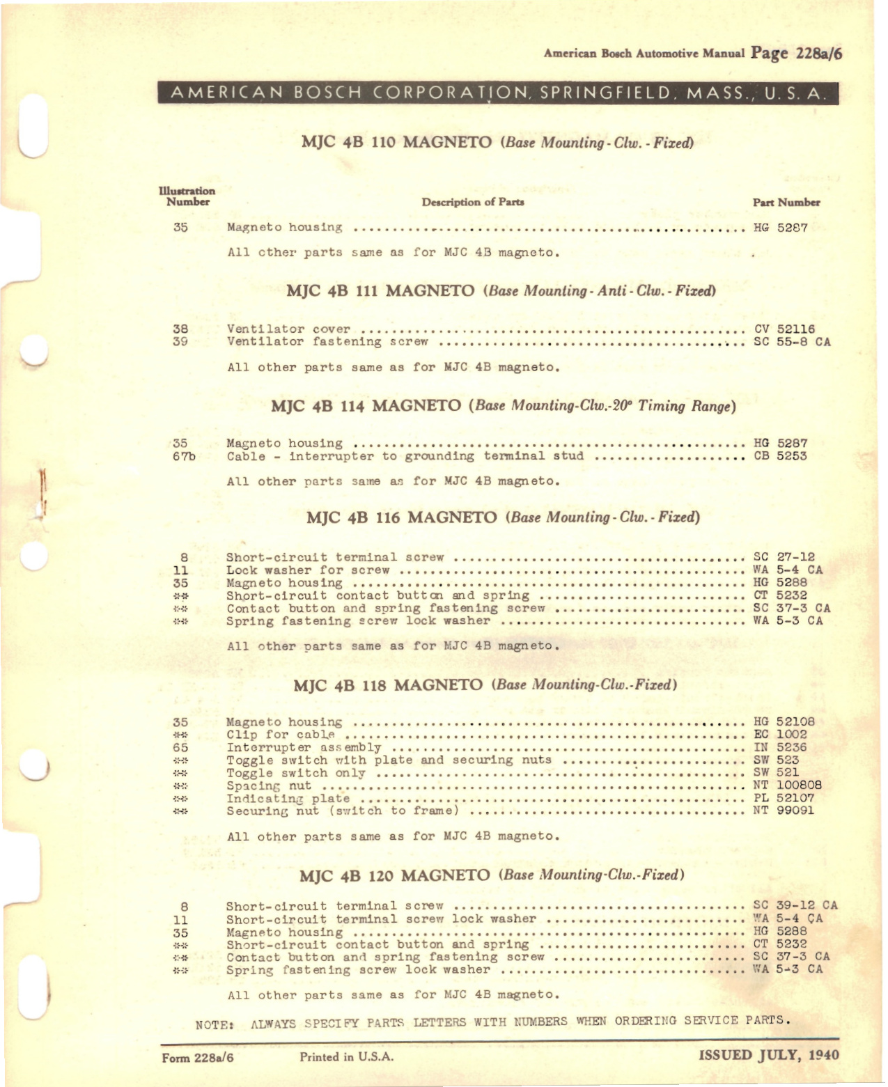Bosch MJC-4B Magneto Parts Manual - Complete PDF Download