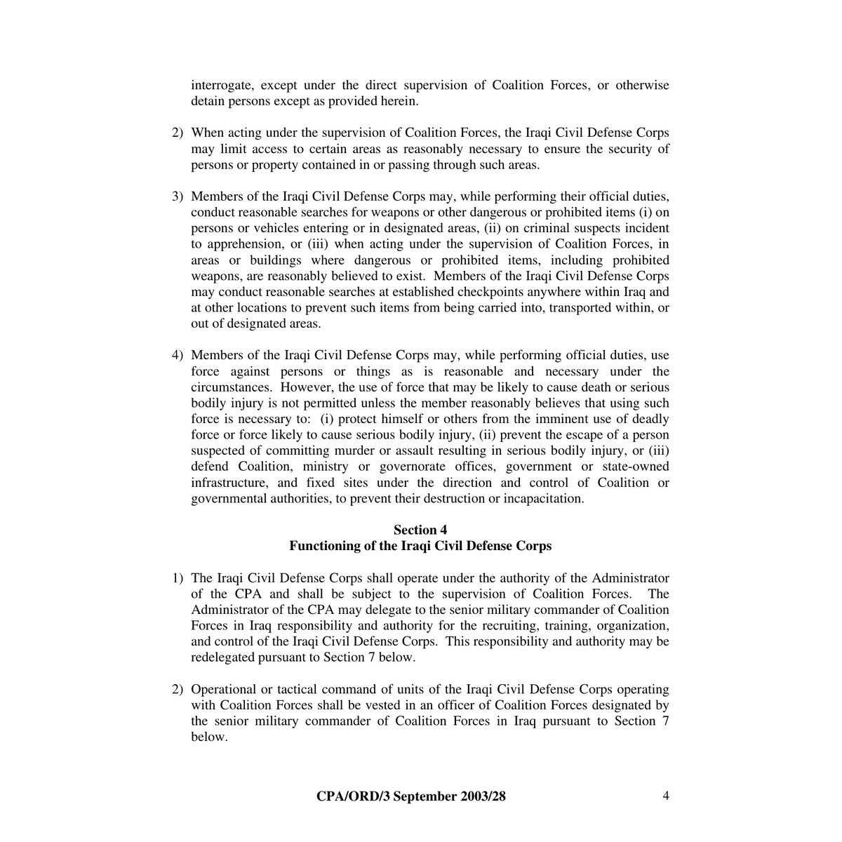 Iraqi Civil Defense Corps Order 28 - Coalition Provisional Authority - Image 3