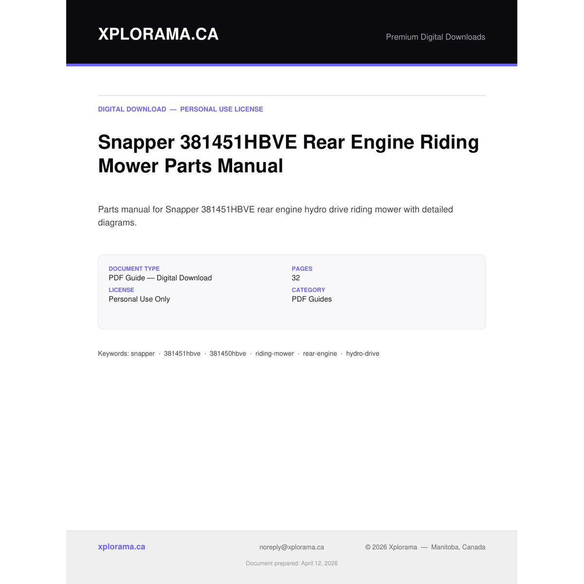 Snapper 381451HBVE Rear Engine Riding Mower Parts Manual PDF