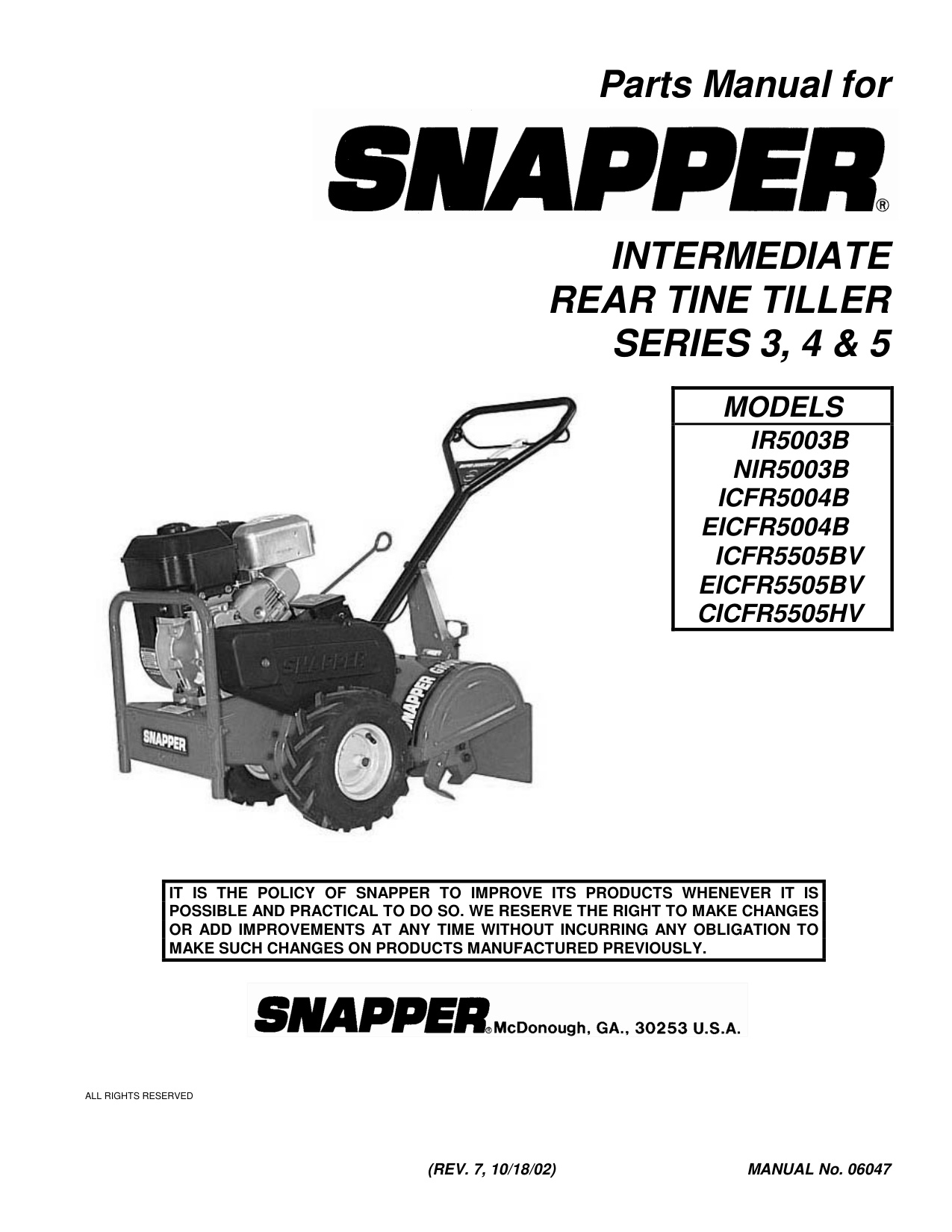 Snapper ICFR5004B Intermediate Rear Tine Tiller Parts Manual - Image 2