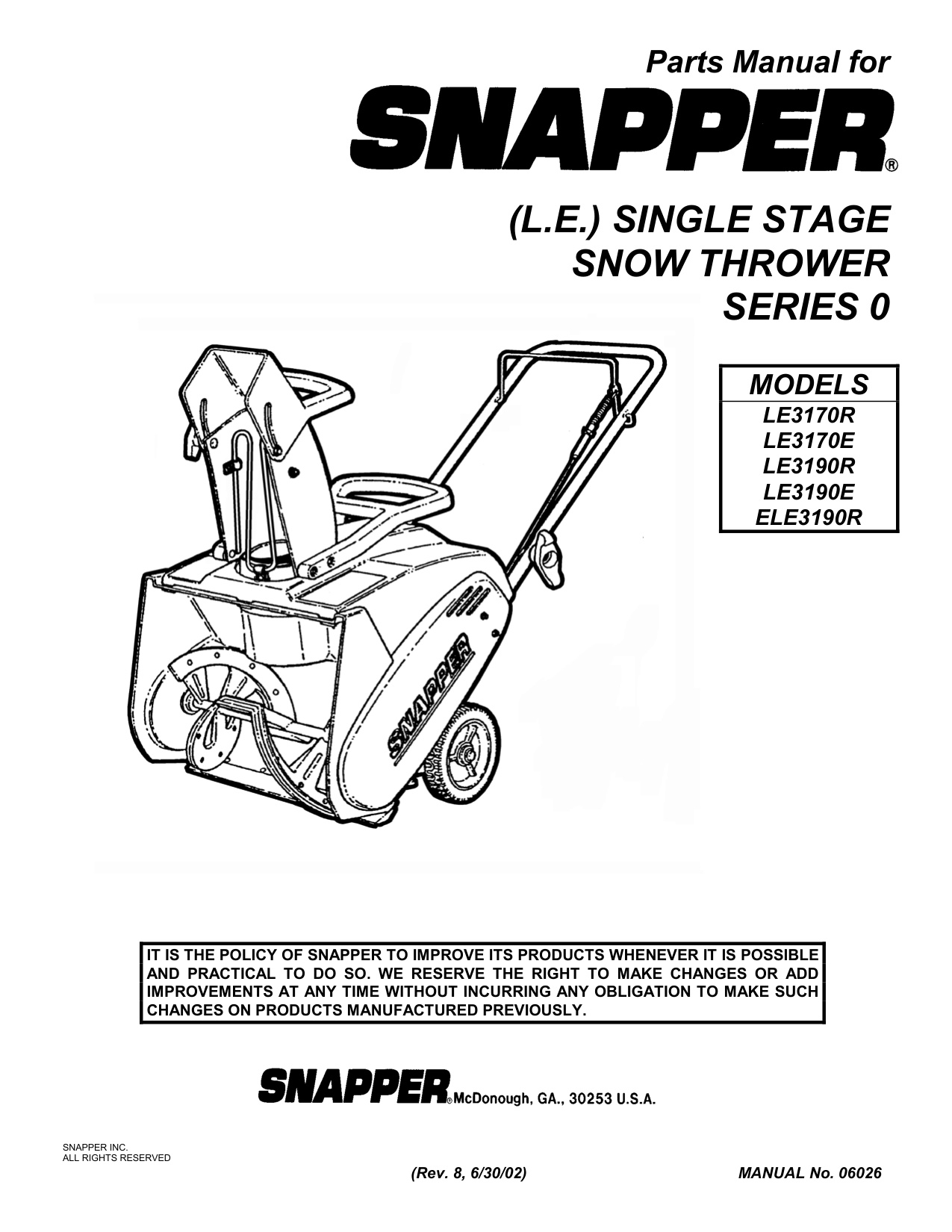 Snapper LE317OR Snow Thrower Parts Manual Series 0 Models PDF - Image 2