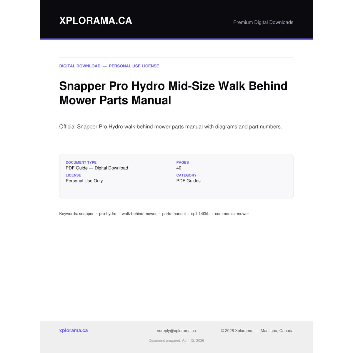 Snapper Pro Hydro Mid-Size Walk Behind Mower Parts Manual PDF