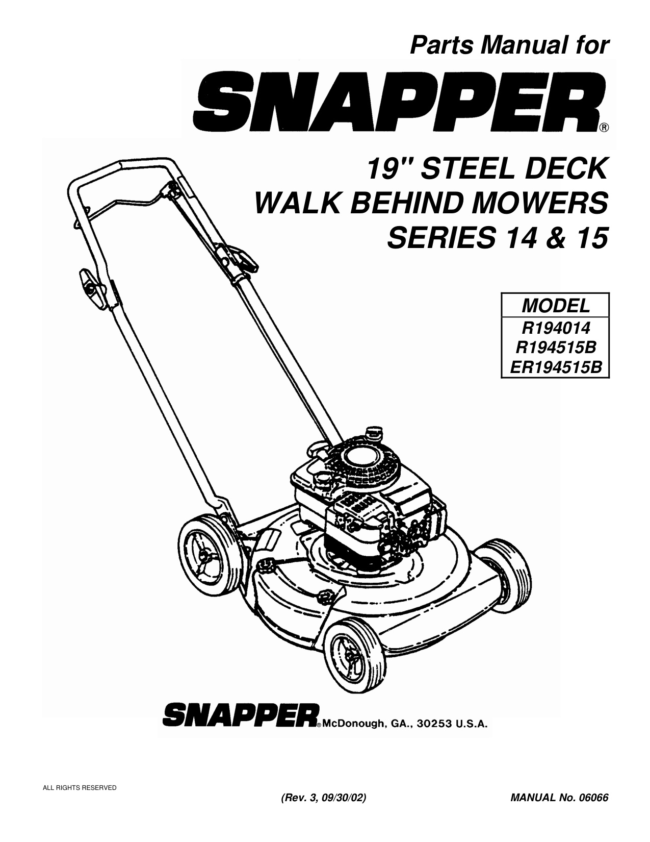 Snapper R194515B Walk Behind Mower Parts Manual PDF - Image 2