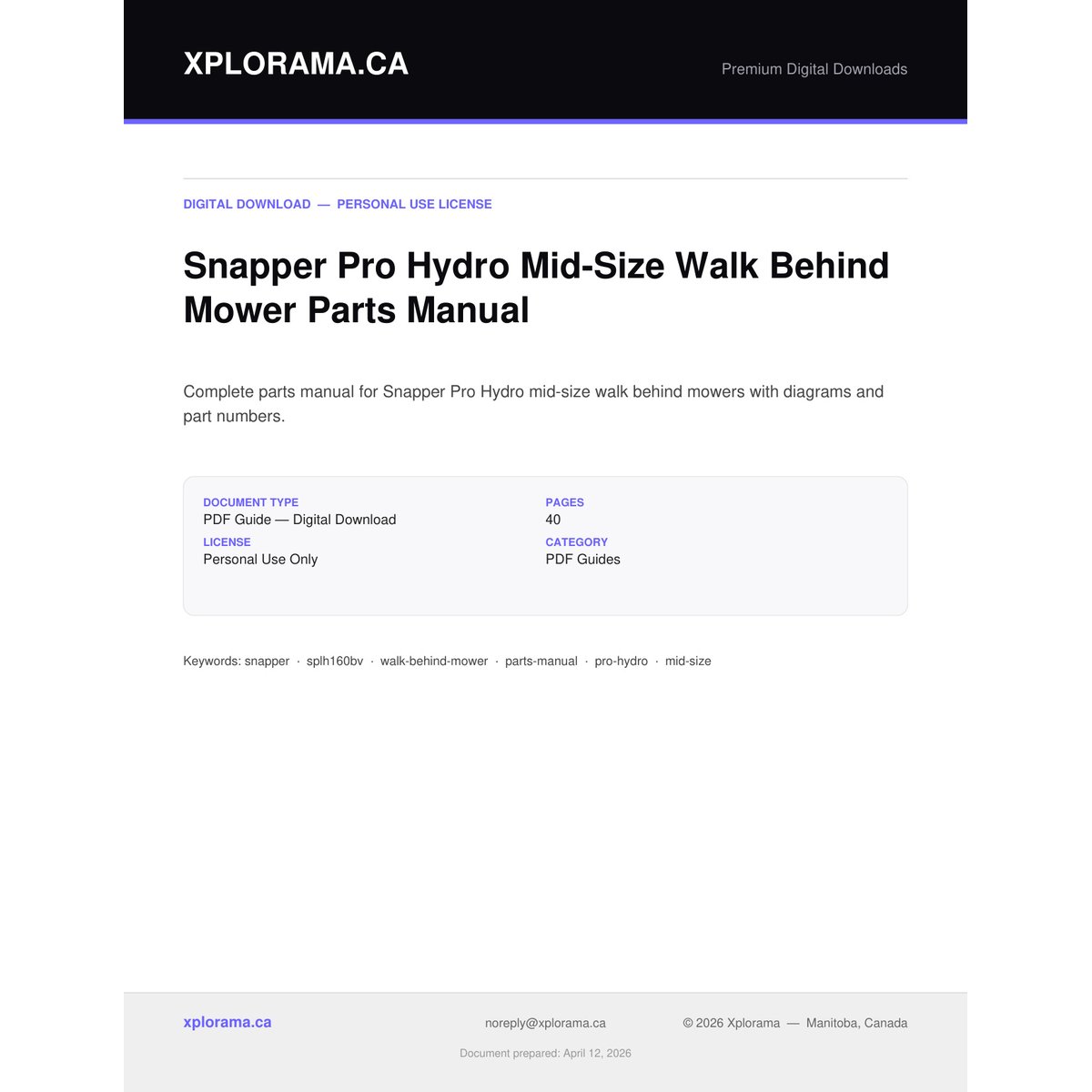 Snapper Pro Hydro SPLH160BV Mid-Size Walk Behind Parts Manual