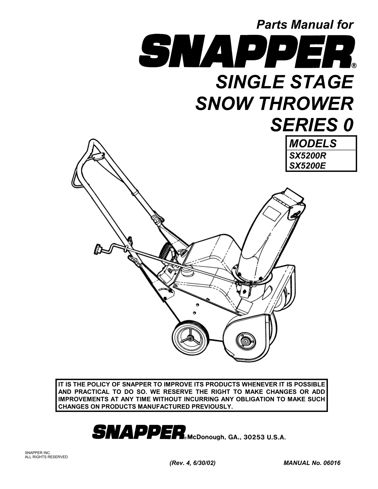Snapper SX5200 Single Stage Snow Thrower Parts Manual PDF - Image 2