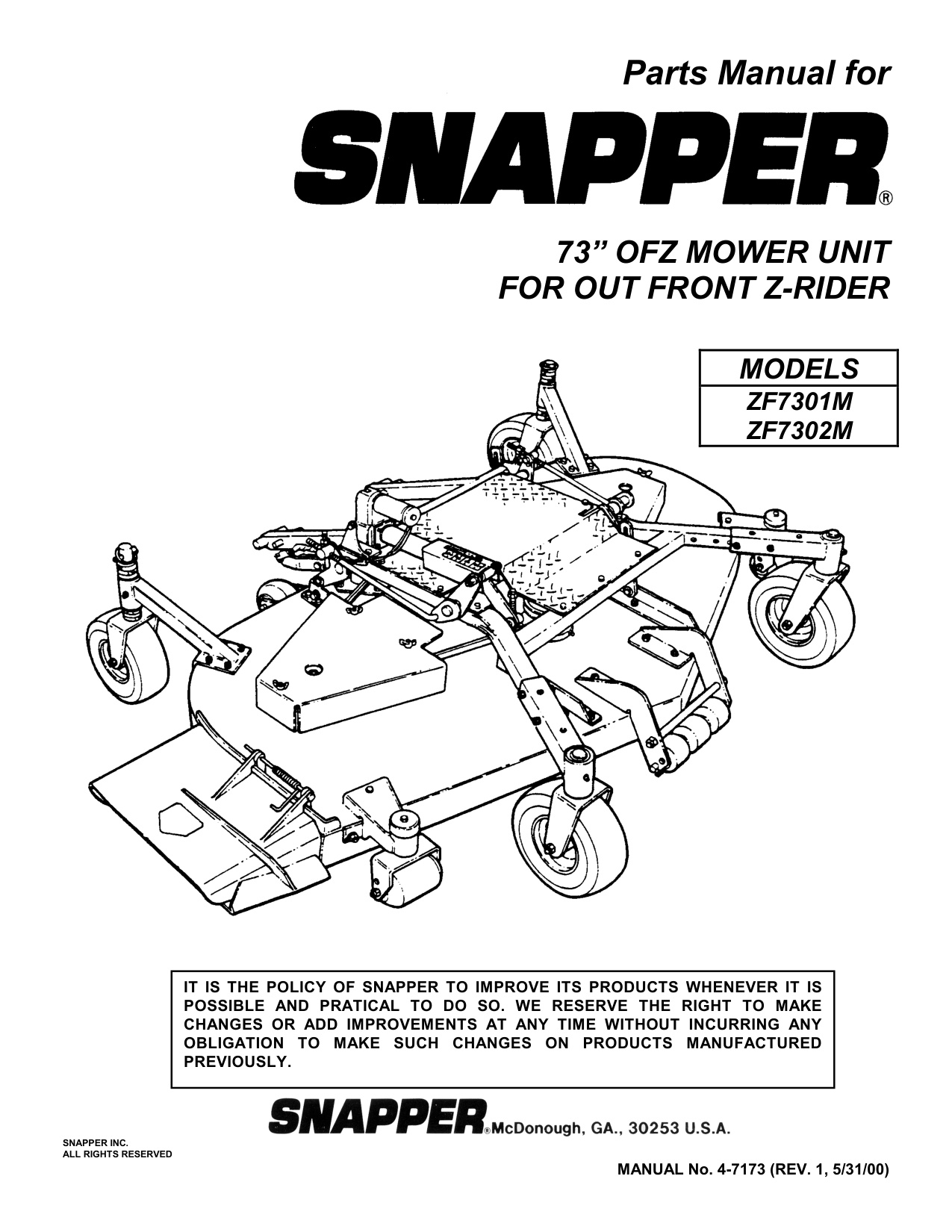 Snapper ZF7301M ZF7302M 73" OFZ Mower Unit Parts Manual PDF - Image 2