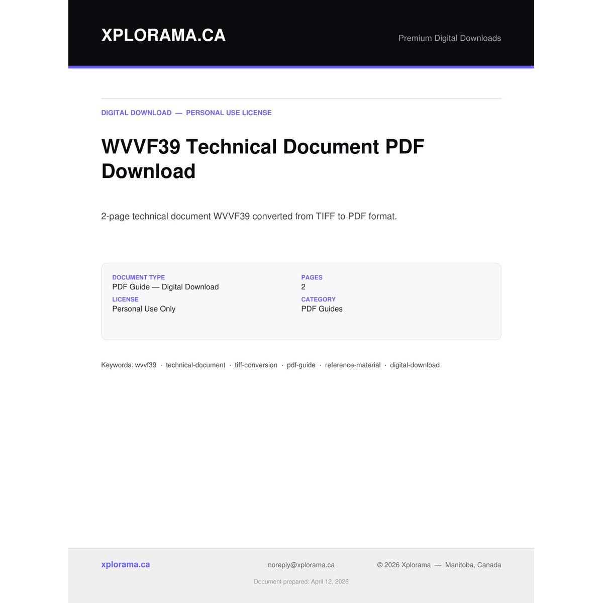 WVVF39 Technical Document PDF - 2 Pages Digital Download
