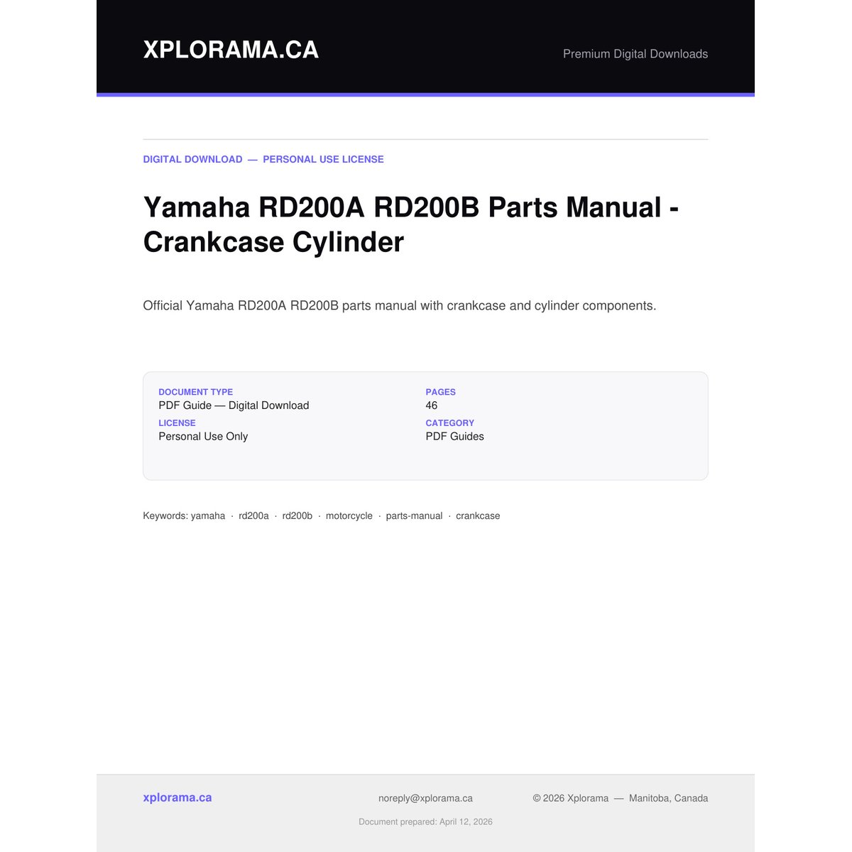 Yamaha RD200A RD200B Parts Manual - Crankcase Cylinder Components
