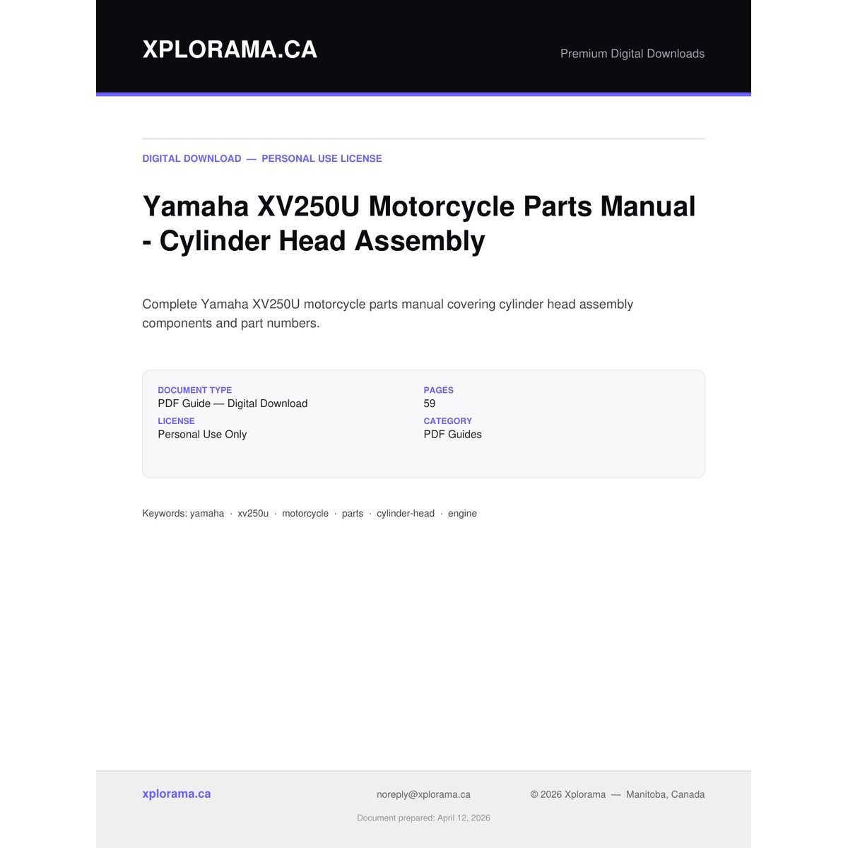 Yamaha XV250U Motorcycle Parts Manual - Cylinder Head Assembly PDF